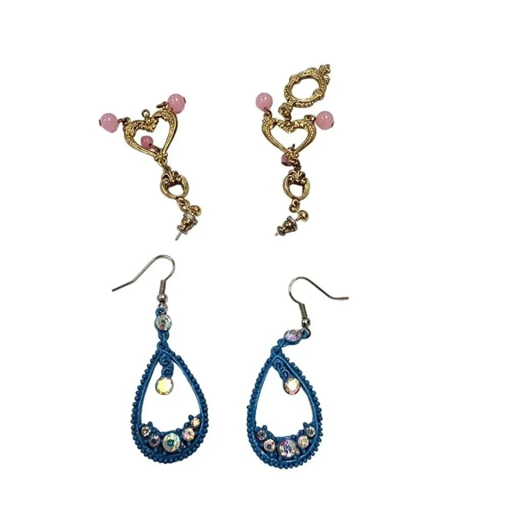 Vintage 60s-70s Blue Rhinestone Beaded Teardrop and Gold Tone Dangle Earring Set